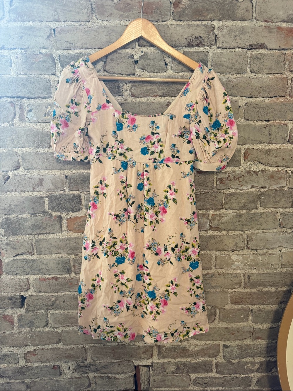 Cream Floral Puff-Sleeve Mini Dress with Pink & Blue Flowers